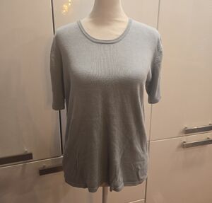 VTG 100% Silk Short Sleeve Crewneck Blue Gray Sweater Womens Size Medium